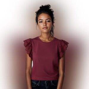 Chic Lace Sleeve Burgundy Top w. Eyelet Trim